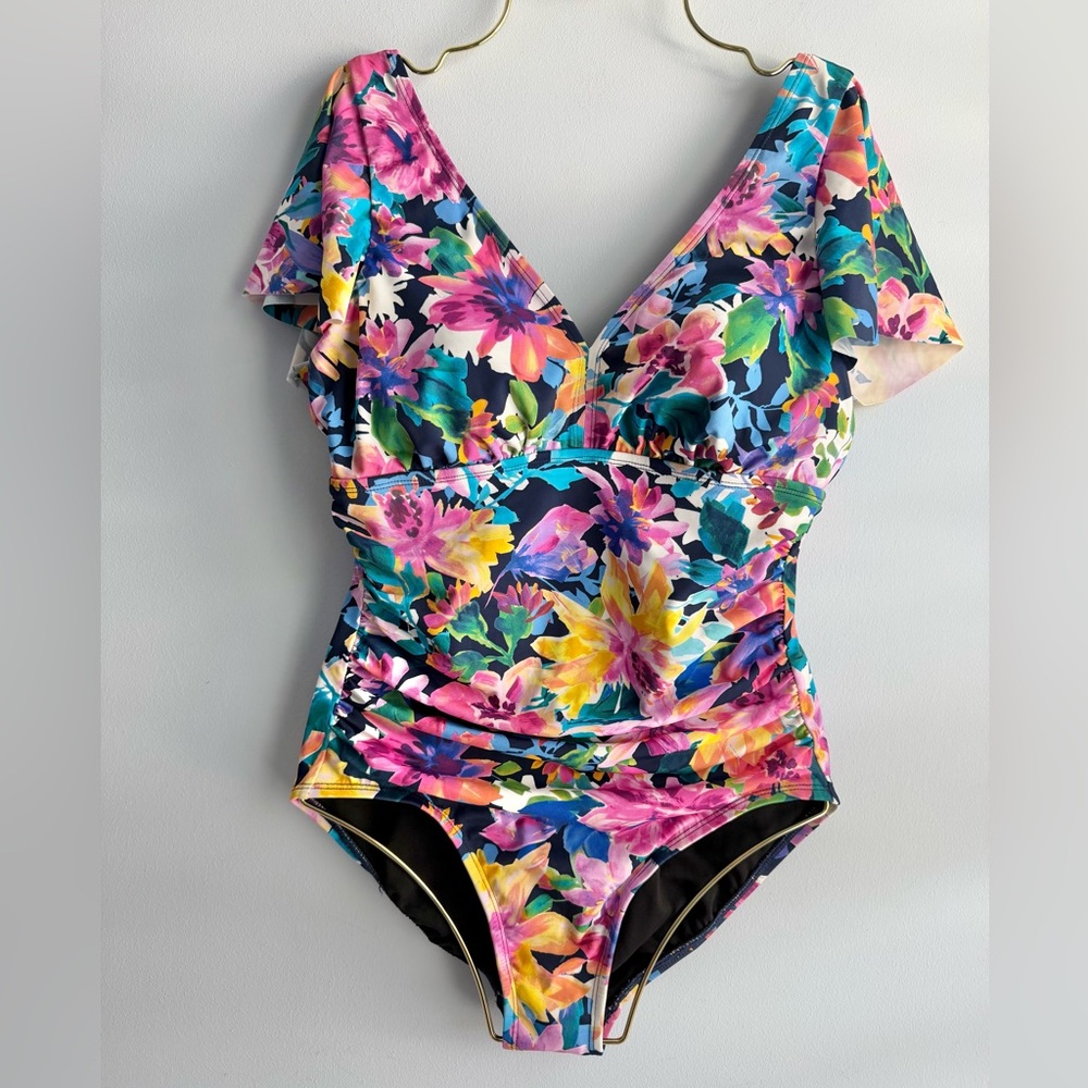 Swim Solutions Floral One-Piece Swimsuit in Navy, Pink, Yellow & Green - Picture 1 of 13